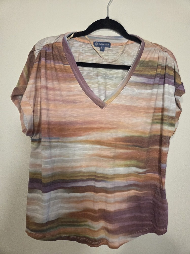 Democracy Multicolor Striped V-Neck Short Sleeve Knit Blouse Women's XL