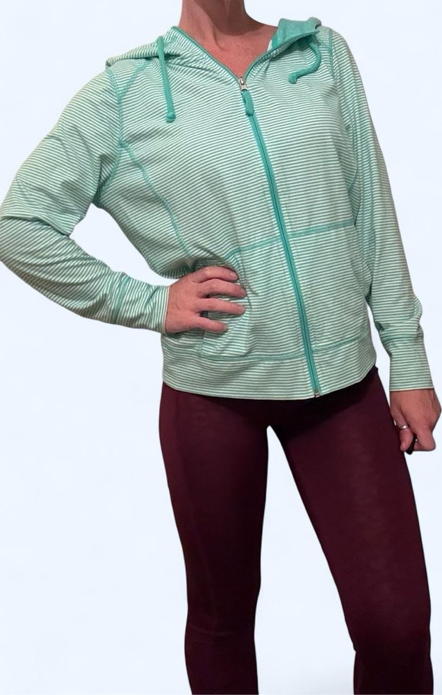 Women's Hoodie Light Green White Striped Full Zip Hooded Long Sleeve Knit