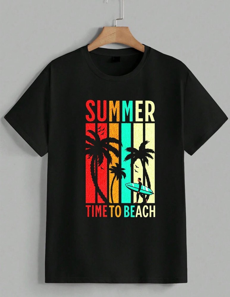Retro Summer Beach T-Shirt Vintage Sunset Surf Palm Tree Graphic Tee Unisex