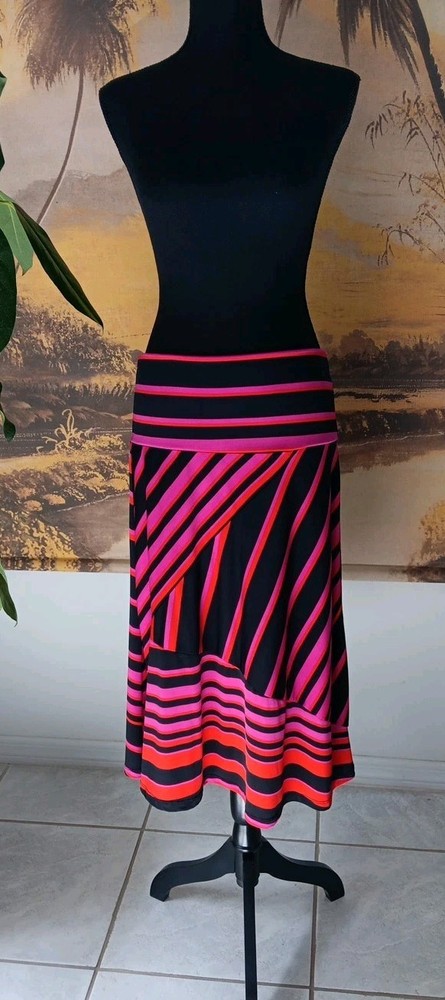 Vtg Susan Lawrence Midi Skirt 90s Y2K Size XL Color Block Stripes Black Pink Red