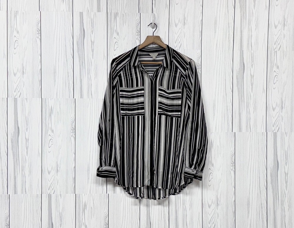 Belle Sky blouse womens size large button up long sleeve sheer black white