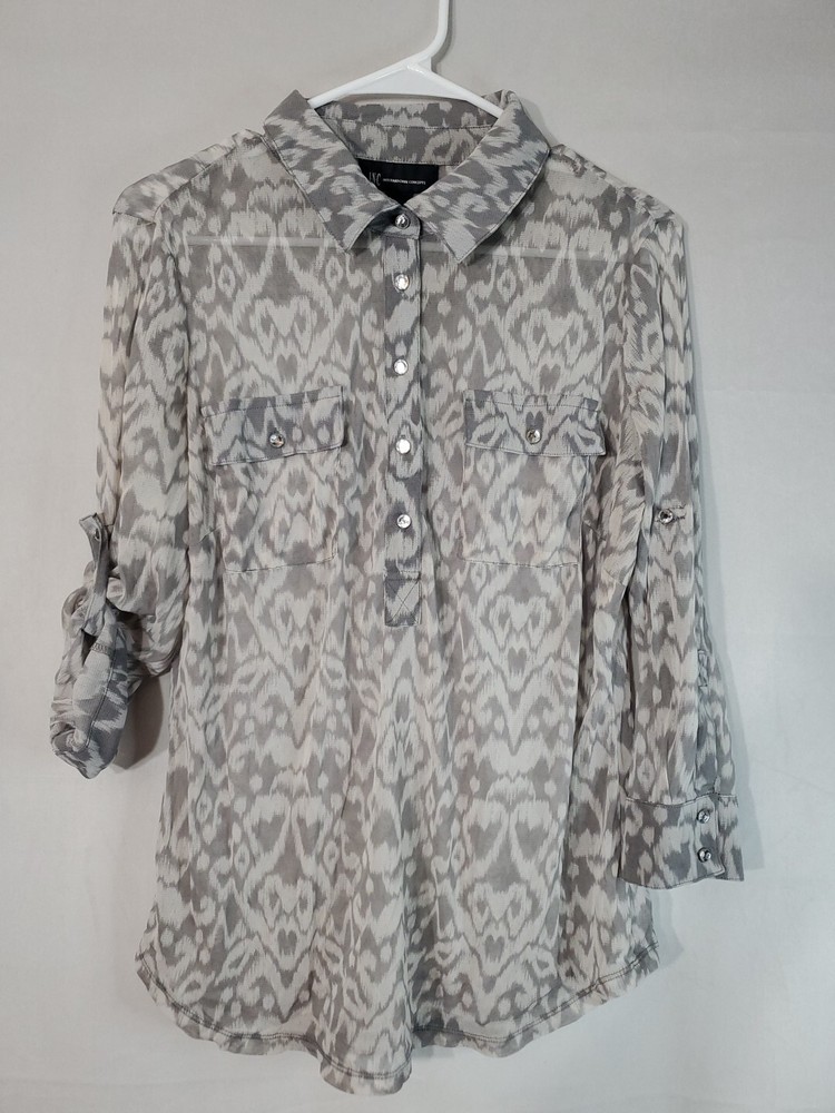 INC International Concepts Women’s Sheer Collared Blouse with Roll Tab Sleeves in Size XL
