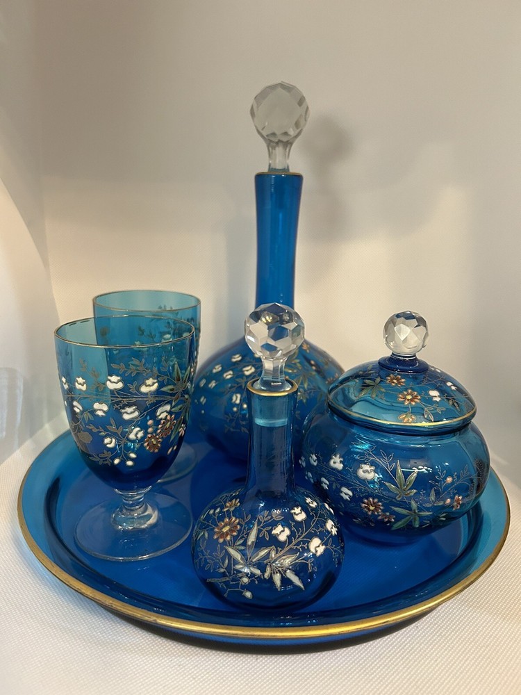 Rare French Antique Legras Complete Absinthe Set Aqua Glass Enamel Art Nouveau-image