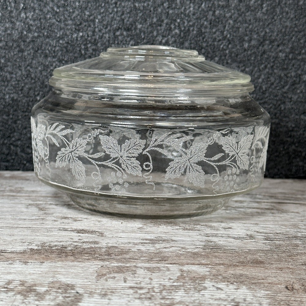 Vintage Needle Etched Glass Candy Dish with Lid and Leaf Design