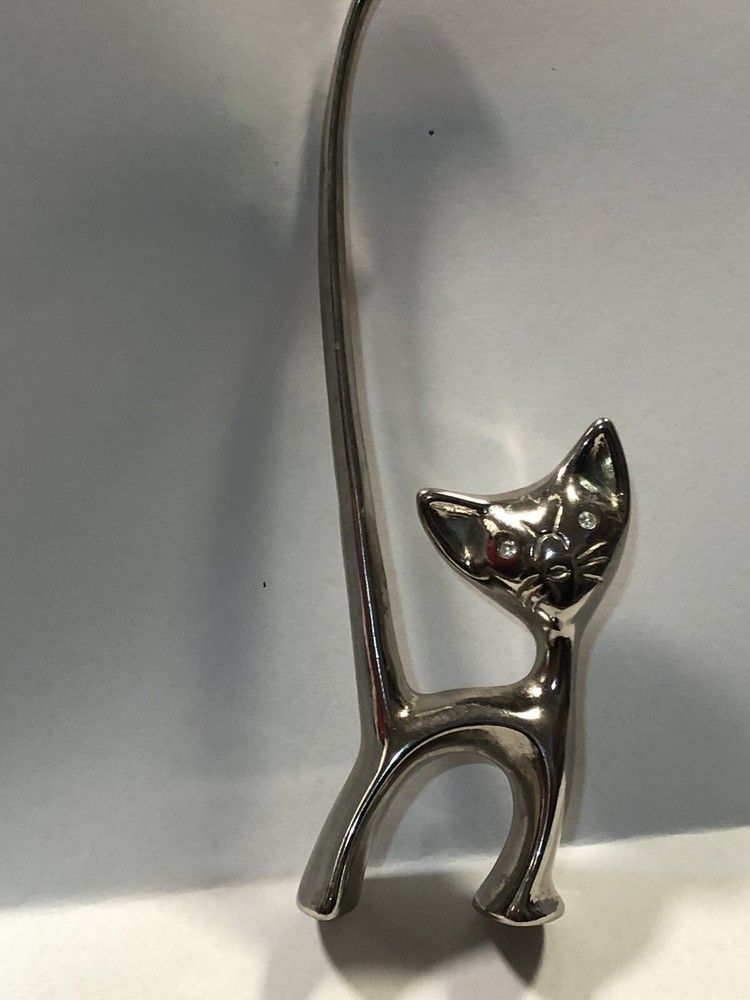 VINTAGE 40’s & 50’s SILVER TONE LONG TAILED KITTY RING HOLDER W/RHINESTONE EYES