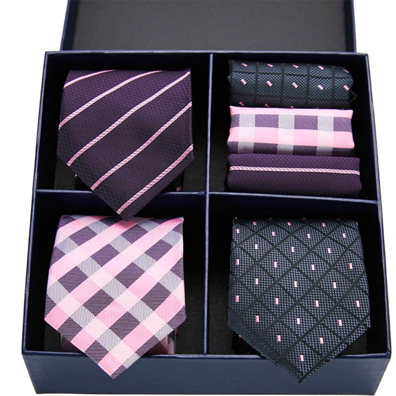 Pink Striped/Plaid 3 Necktie,3 Hanky Satin Woven Men's Tie Wedding with Gift Box