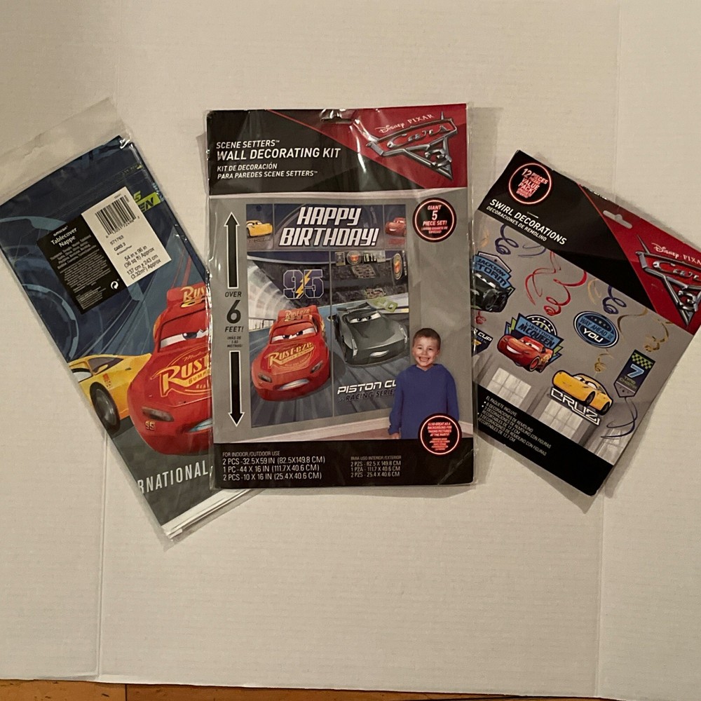 Disney PiXAR CARS 3 HAPPY BIRTHDAY wall decorating Kit ,Table Cover, & Decor Lot