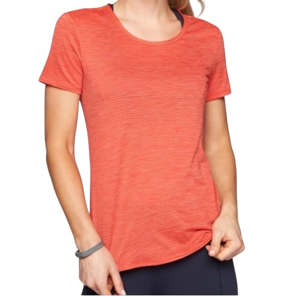Athleta Shadow Stripe Chi Short Sleeve Shirt Neon Orange Womens Size XXS