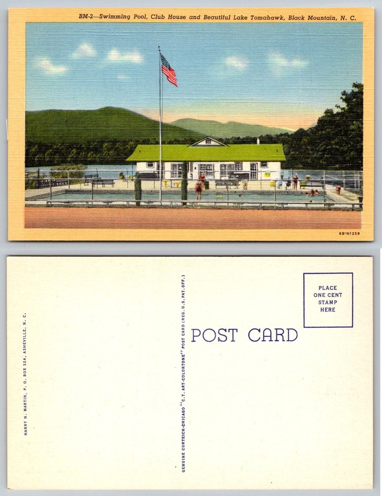 Vintage Linen Postcard Lake Tomahawk Swimming Pool Club House Black Mountain NC