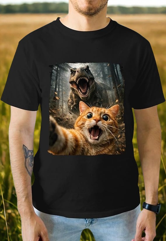 Dinosaur Chasing Cat Shirt - Screaming Orange Cat Selfie Tee