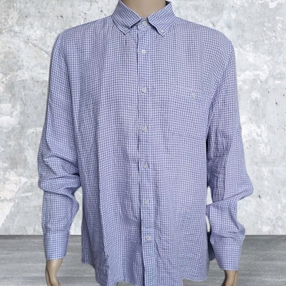 Hickey Freeman 100% Linen Shirt Mens XL Purple Gingham Check Button-Down Preppy