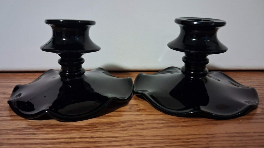 Vintage Black Amethyst Pressed Glass Candlestick Holders 3 in