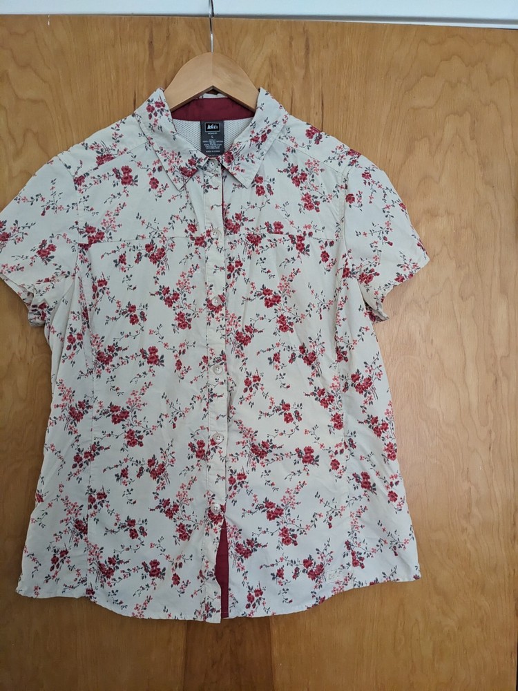 REI Fishing Shirt Womens L Beige Floral Nylon Mesh Lined Short Sleeve Button-Up