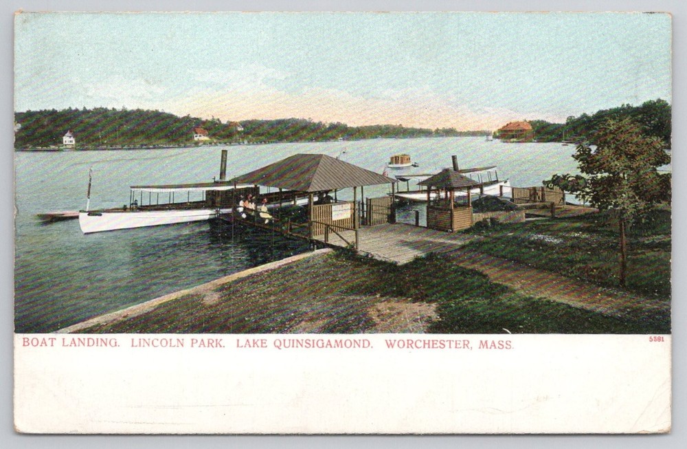 Lincoln Park Boat Landing Lake Quinsigamond Worcester MA Postcard c1910