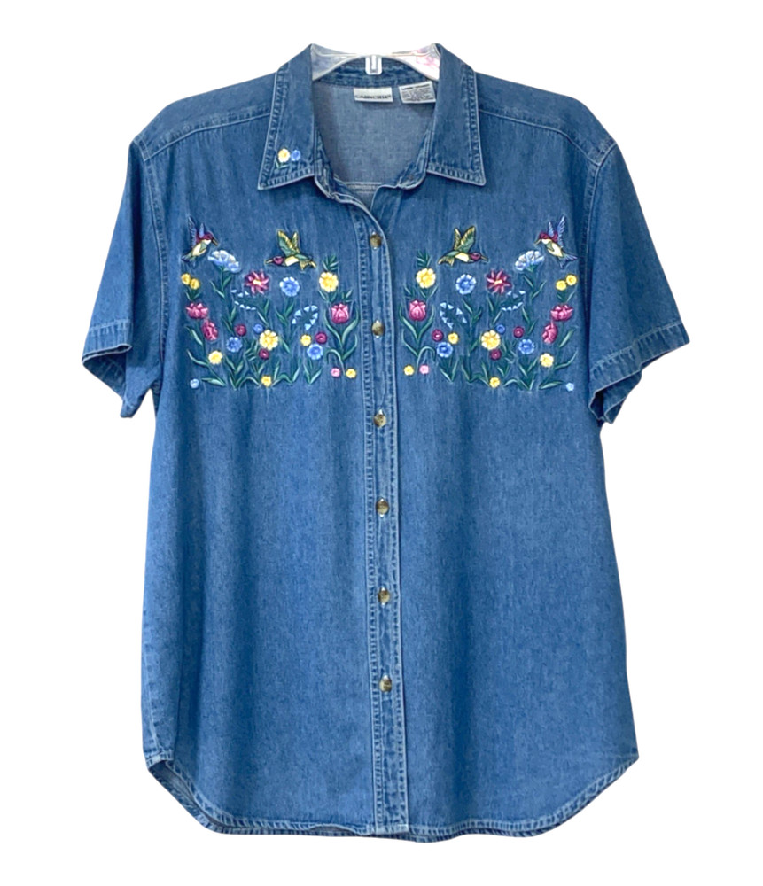 VTG Cabin Creek DENIM BUTTON-UP SHIRT TOP Embroidered Hummingbirds/Flowers SZ L