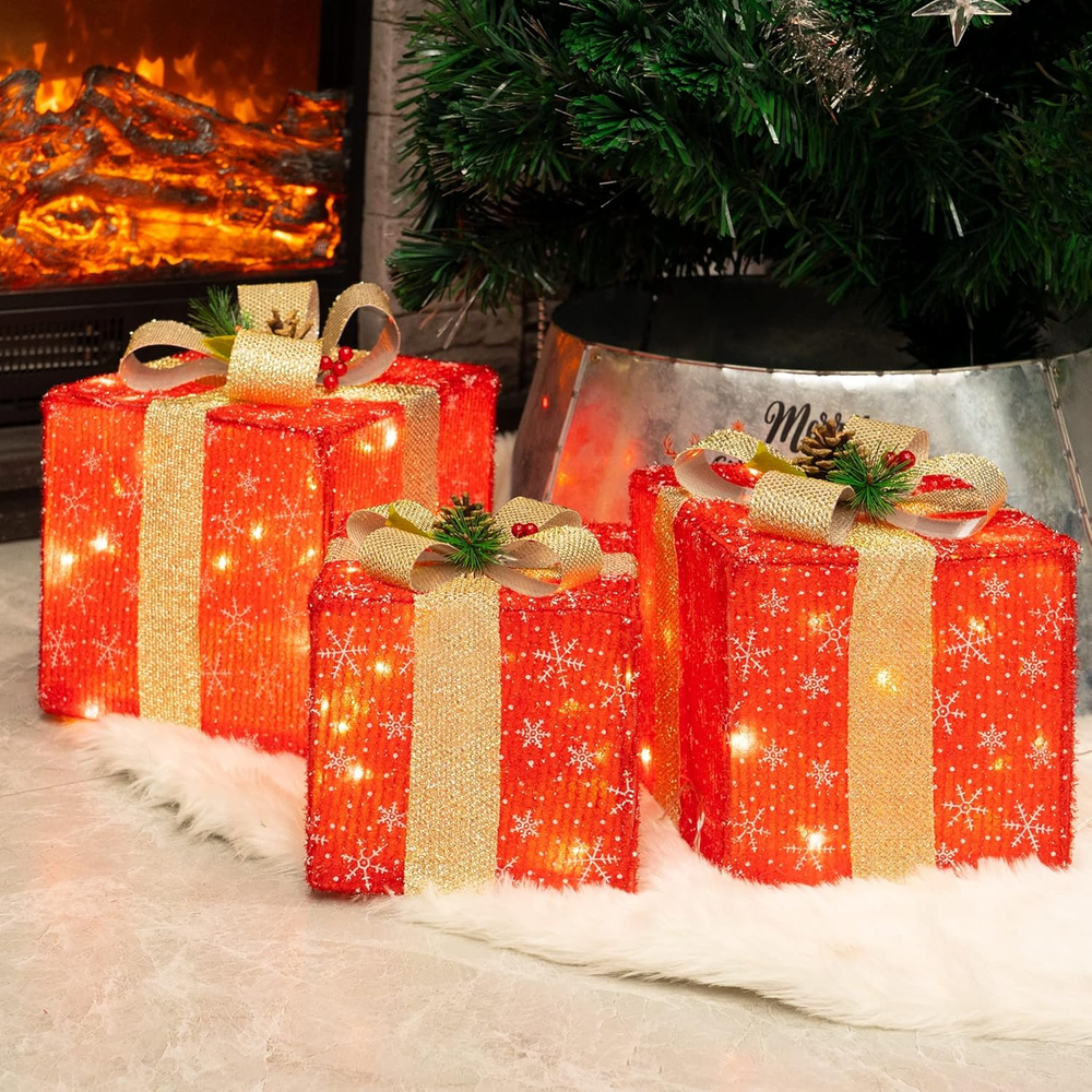 Set of 3 Christmas Lighted Gift Boxes, 50 LED Christmas Box Decorations, Present
