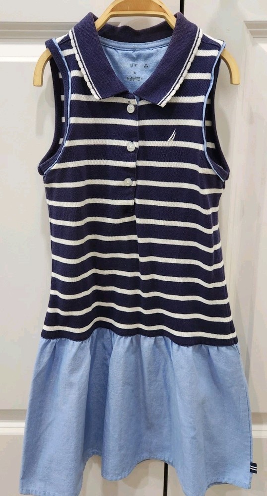 Nautica Girls Sleeveless Sailor Stripe Blue with collar dress Size 6X