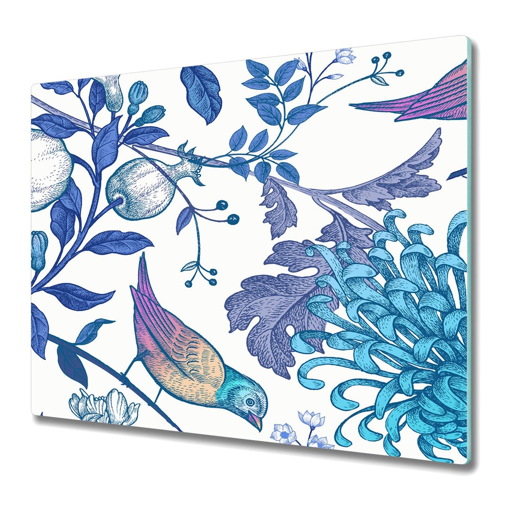 Glass Worktop Kitchen Chopping Board Spring Blue Birds on branches Watercolour