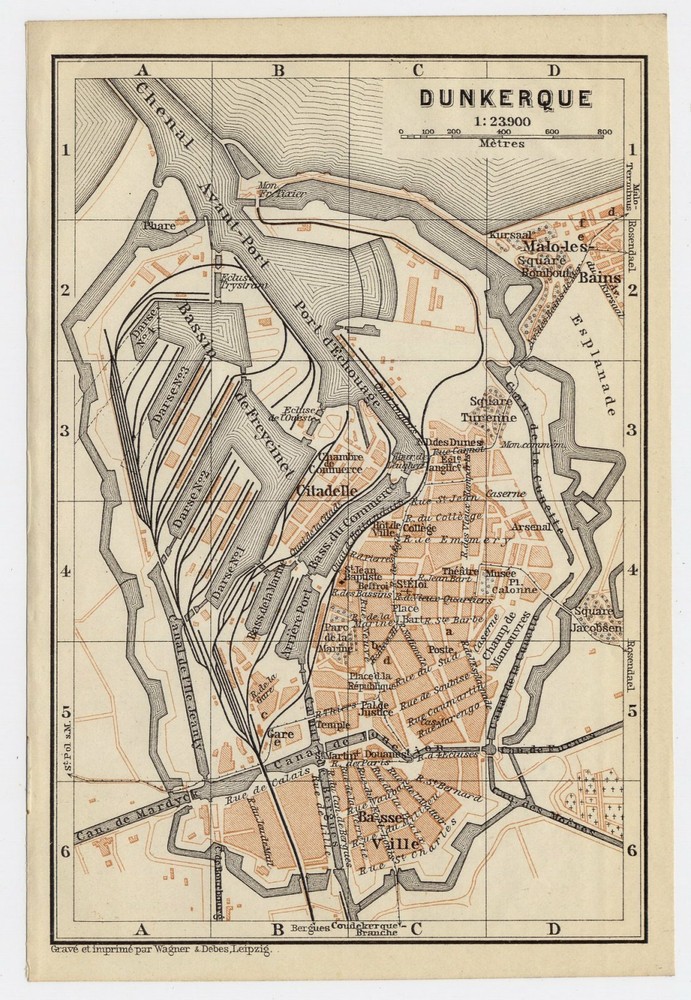 1909 Antique City Map Of Dunkerque / Dunkirk / France
