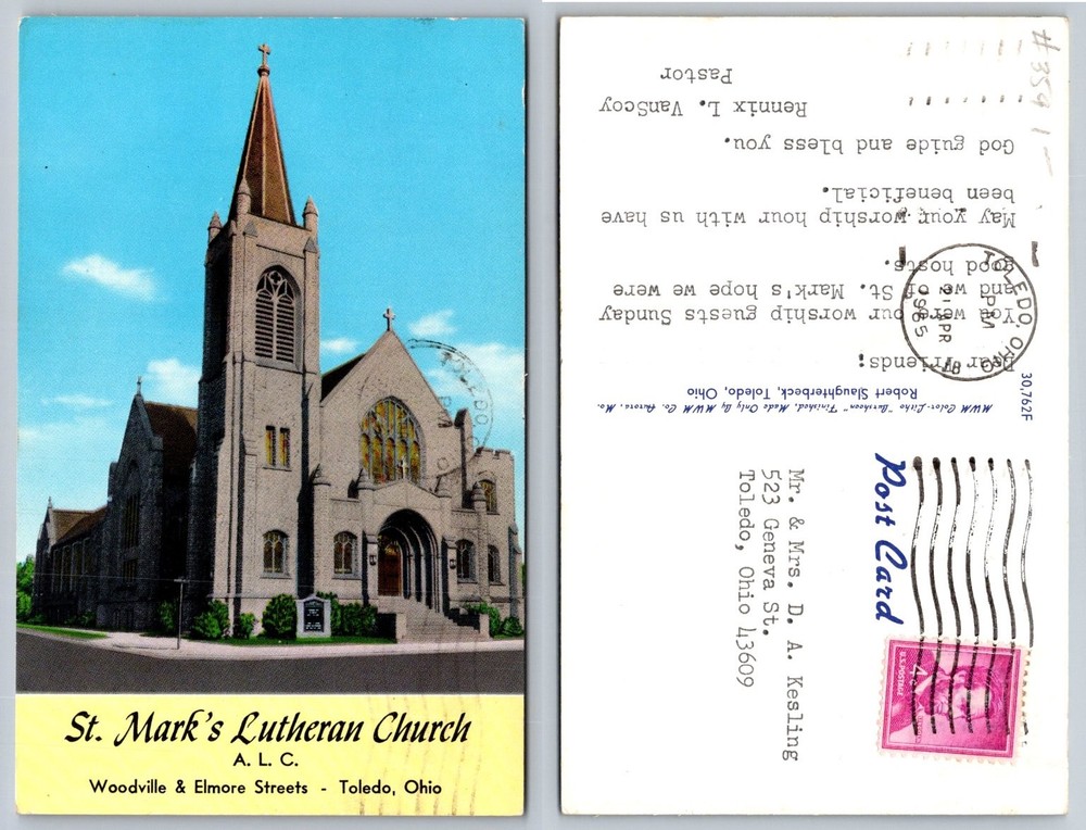 St. Mark's Lutheran Church Toledo Ohio Postcard 1955 MWM Curteich
