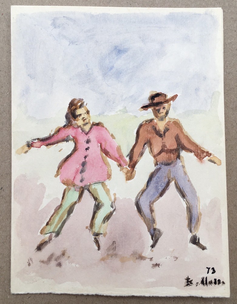 Original Watercolor Bernard Marre Dancing Couple in a Landscape 1973 20th