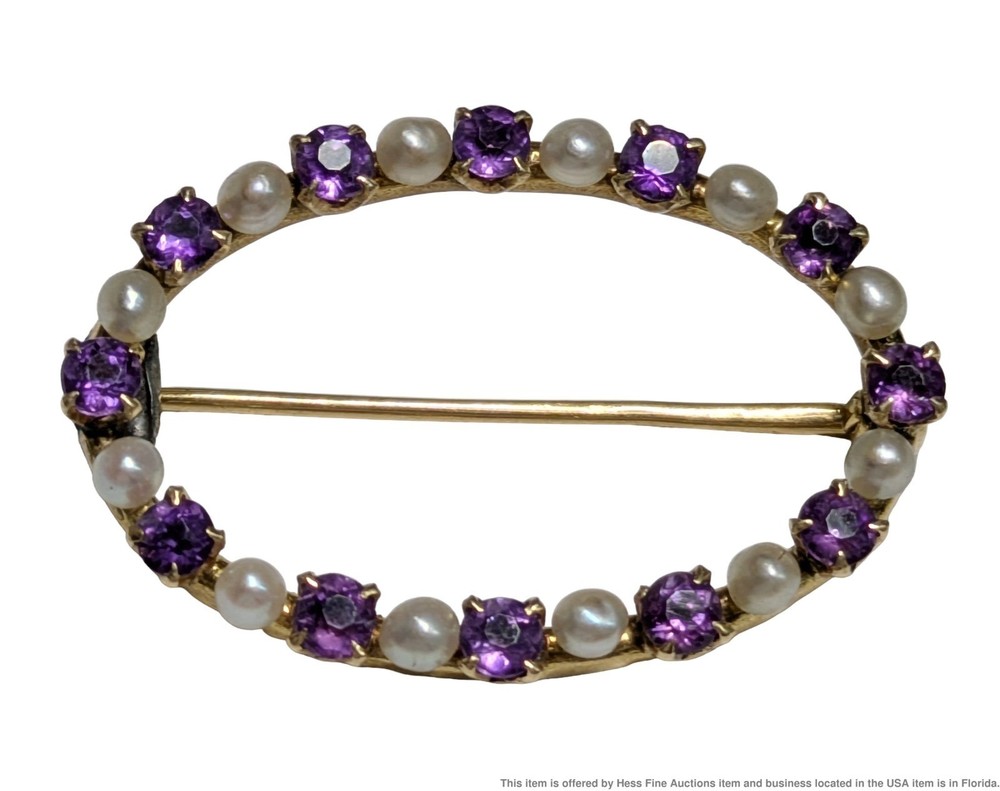 Victorian Antique Oval Seed Pearl Amethyst 14K Yellow Gold Circle Brooch Pin