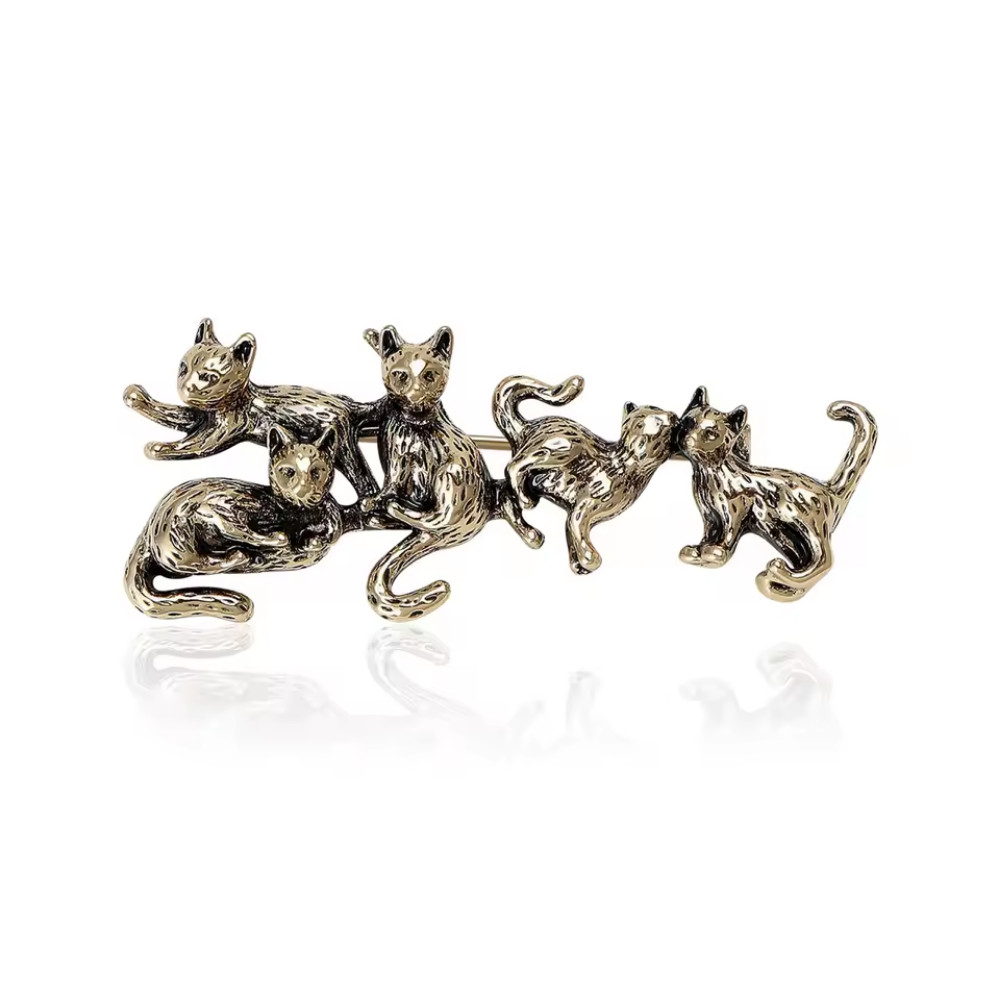 Vintage Retro Style Cat Family Brooch Gold Tone Alloy Pin Cute Animal Jewelry Gi