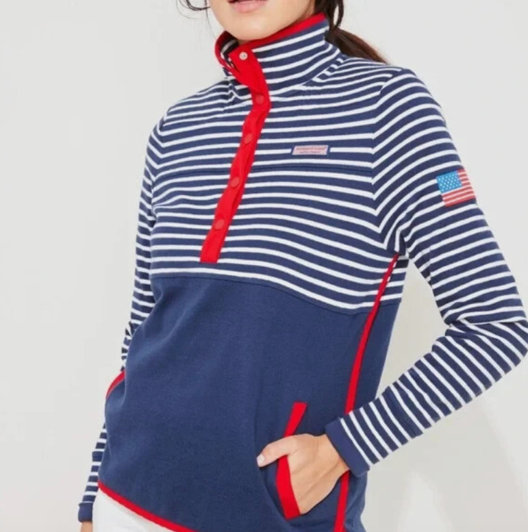 Vineyard Vines Dreamcloth Americana Snap Long Sleeve USA Flag Sweater Women's M