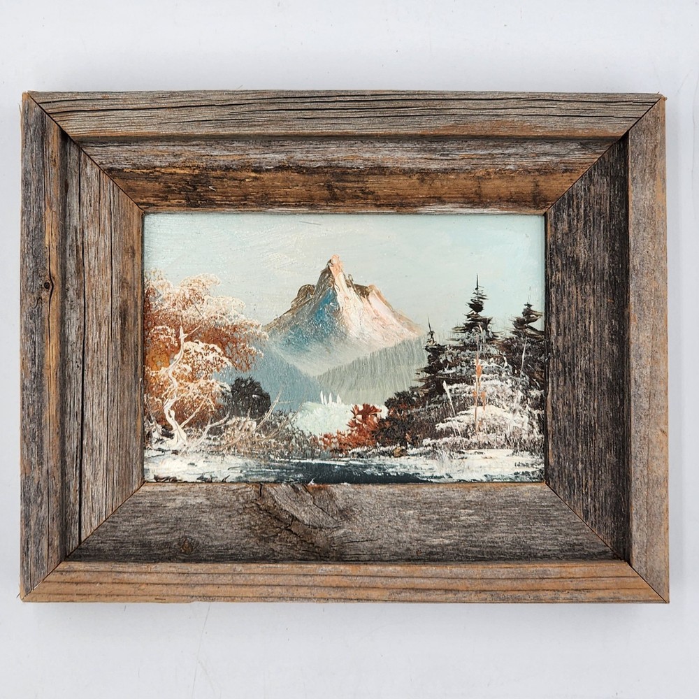 Vintage Mountain Landscape Oil Painting Winter Snow Forest Signed Framed 8x10