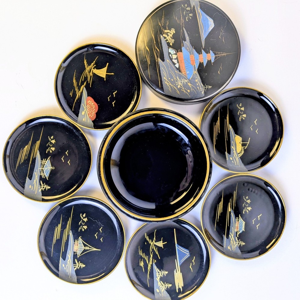Vintage Japanese Lacquer Coaster Set w Abalone Inlay Box Pagoda Mt Fuji 6 Scenes