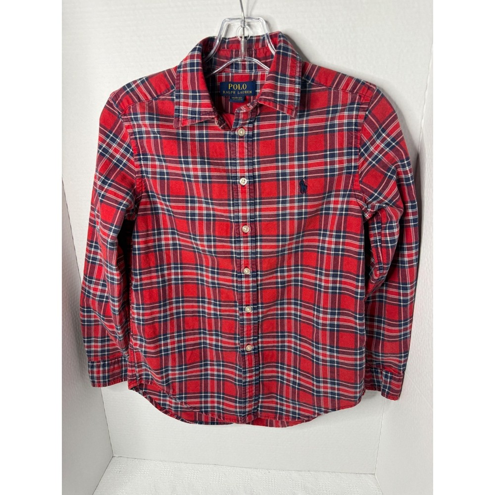 Polo Ralph Lauren Kids Plaid Long Sleeve Button Down Shirt Red Blue Size M 10-12