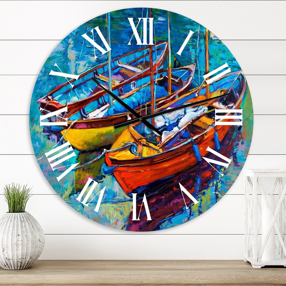 Designart 'Three Boats In The Harbor' Nautical & Coastal