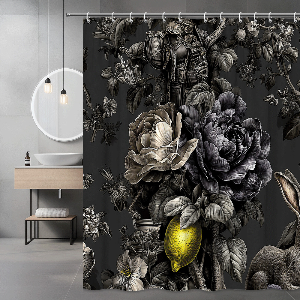 Dark Floral Shower Curtain with Lemon and Bird Print