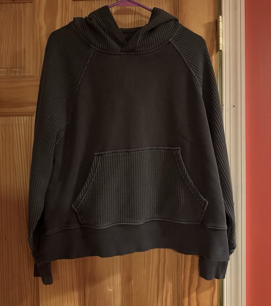 Aerie Women's Essential Waffle Knit Pullover Hoodie Size XS Dark Grey