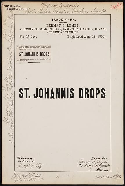 Herman C. Lemke St. Johannis Drops brand Remedy Colic, Cholera, Dysentery,