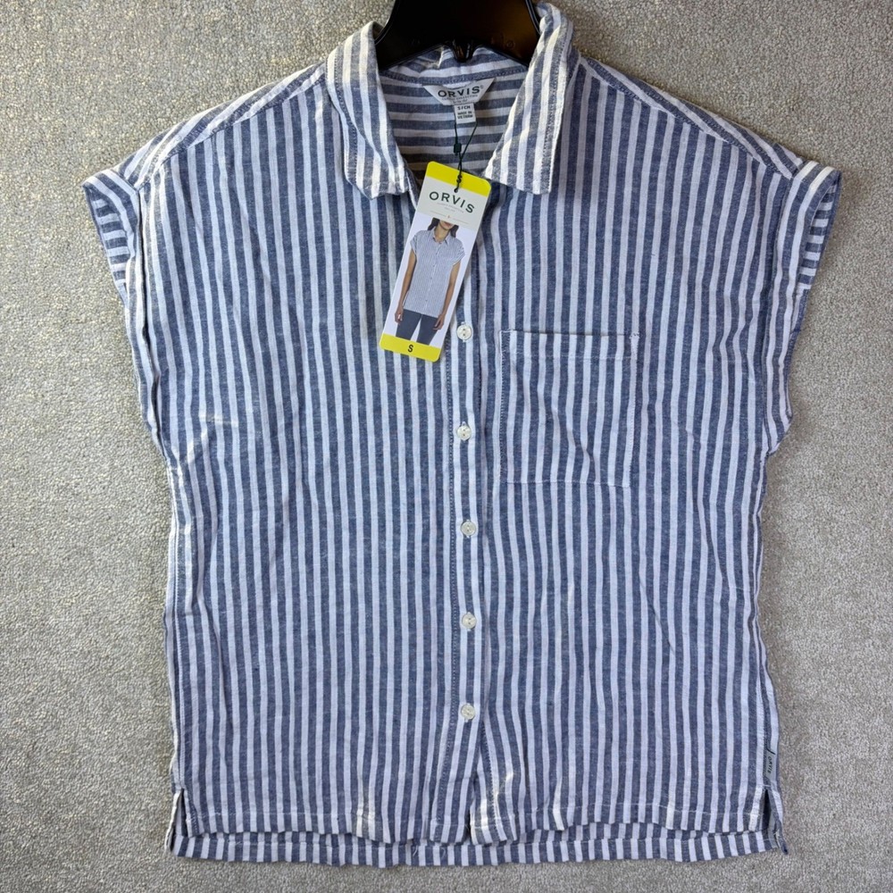 Orvis Shirt Women's Small Blue White Striped Linen Blend Cap Sleeve Button NEW