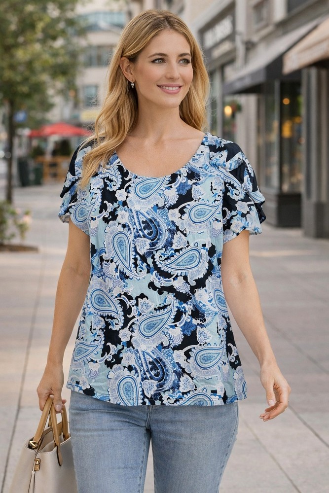 Diana Belle Women's Medium M Black Blue Paisley Short  Sleeve Blouse Casual