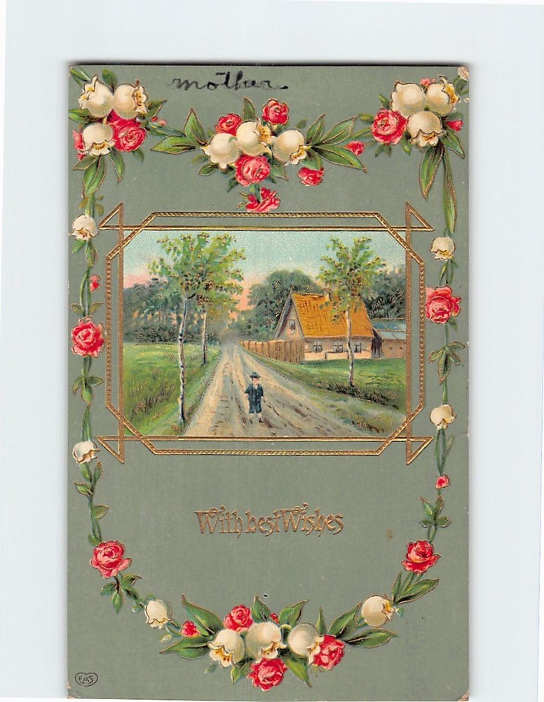 Postcard With Best Wishes Countryside Scene Flower Art Print Embossed Card