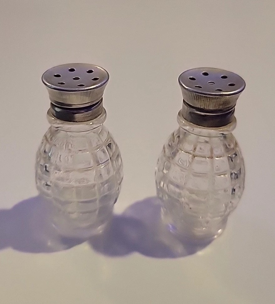 Vintage Mini, Art Deco Style Glass Grenade Barrel Salt Pepper Shaker