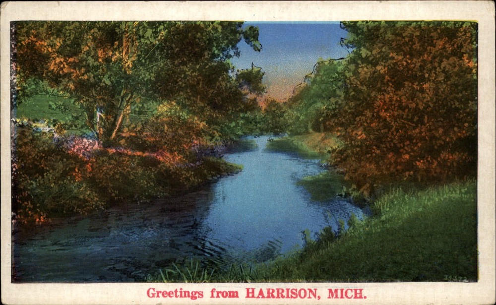 Michigan Harrison Greetings from river scene ~ 1930s linen postcard sku399