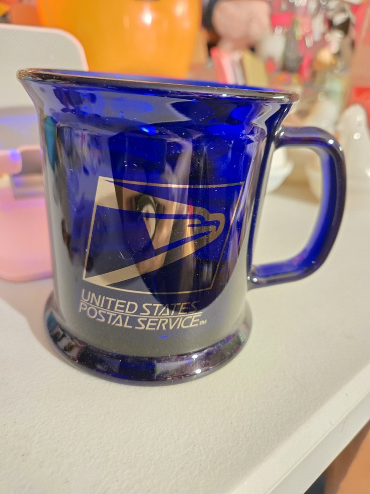 USPS Vintage Blue Glass Coffee Mug United States Postal Service Collectible