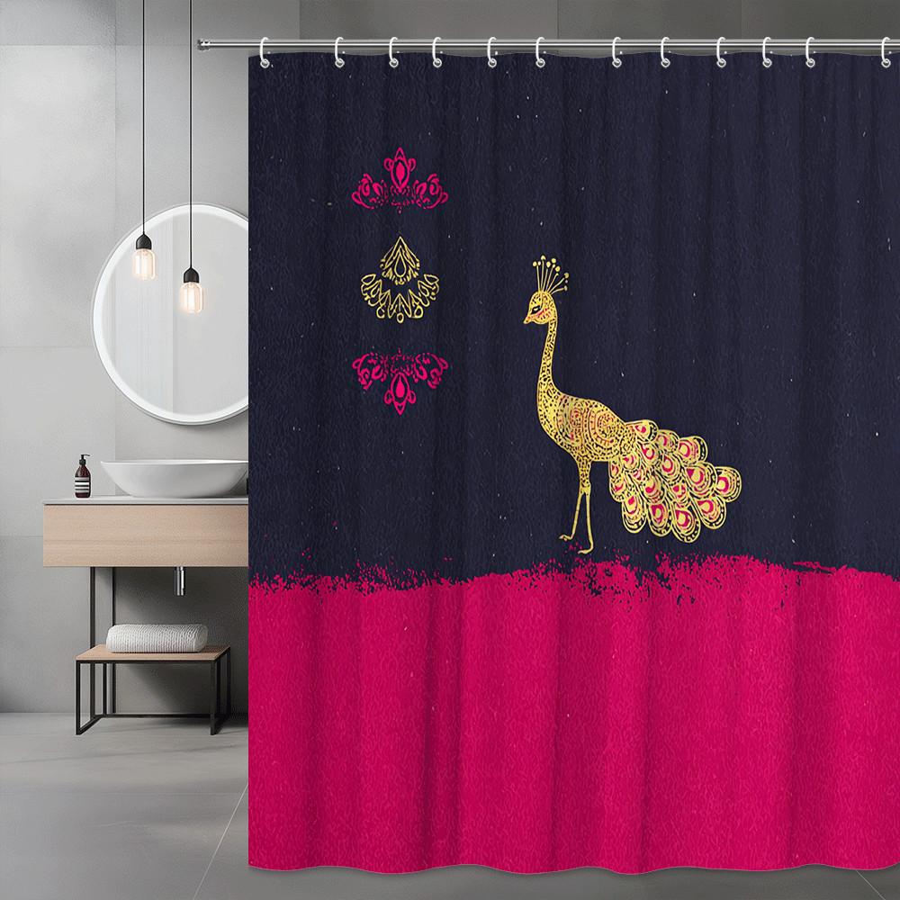 Peacock Shower Curtain Pink Gold Graphic Print