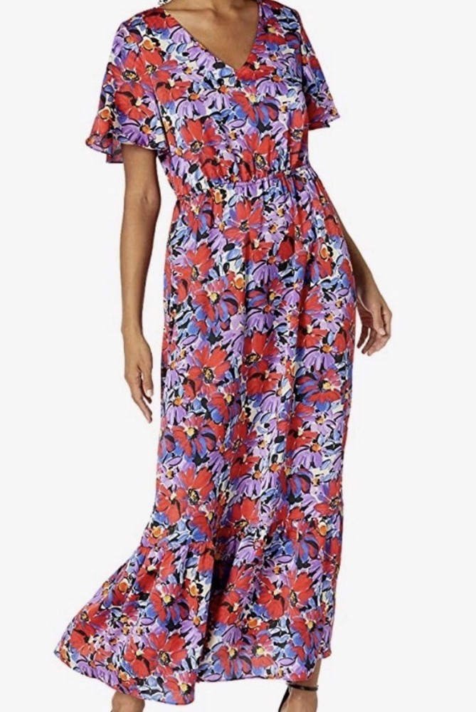 Caribbean Joe Women’s Floral Dress Midi Size, Large Blue Pink Purple Flowy