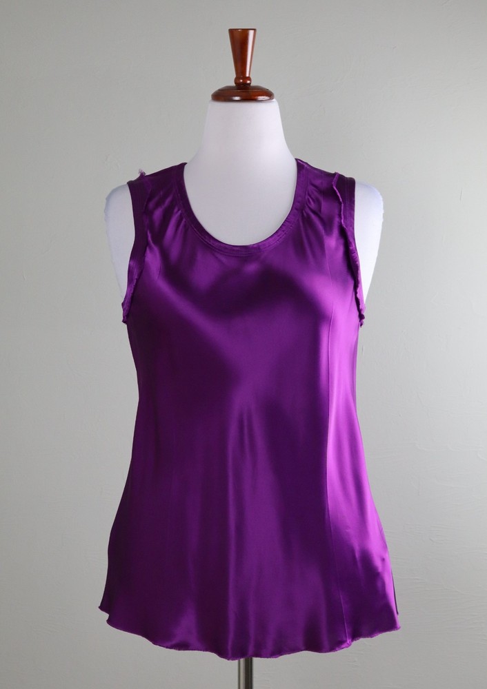 HELMUT LANG $295 Solid Purple Scoop Neck Frayed Sleeveless Tank Top Size 10