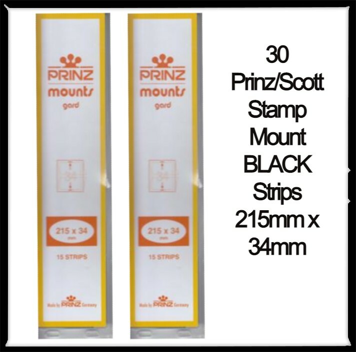 30 Prinz/Scott Stamp Mounts Archival Quality BLACK Strips 215mm x 34mm 2 Packs