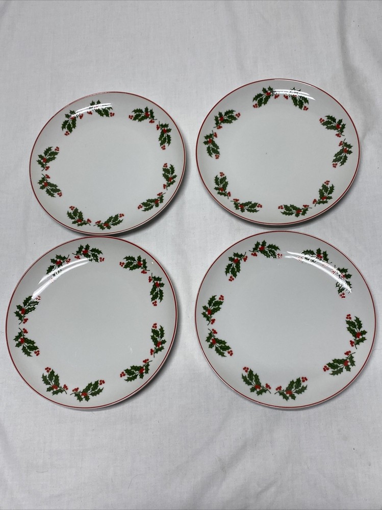 VTG  Japan Christmas Holly Berry Salad Plate 7 1/4” Set Of 4 Red Edge Trim