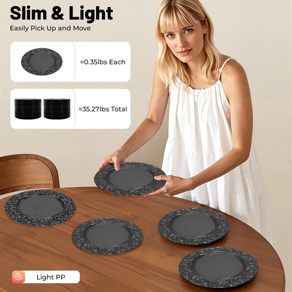 13'' Antique Charger Plates Set PP Round Reusable Serving Plates (Black,100 Pcs)