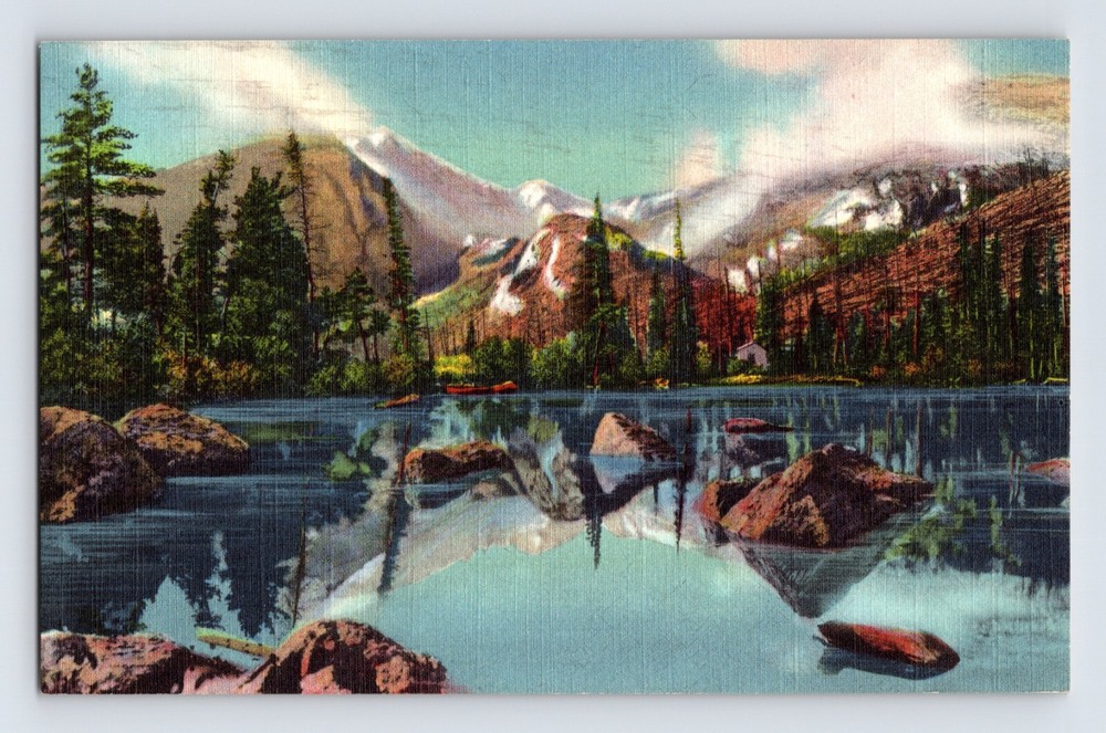 Postcard Colorado CO Bear Lake Glacier Gorge Reflection 1940s Unposted Linen