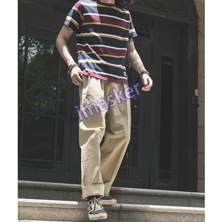 Retro American Style Men's Straight Leg Cargo Work Pants Cotton Khaki