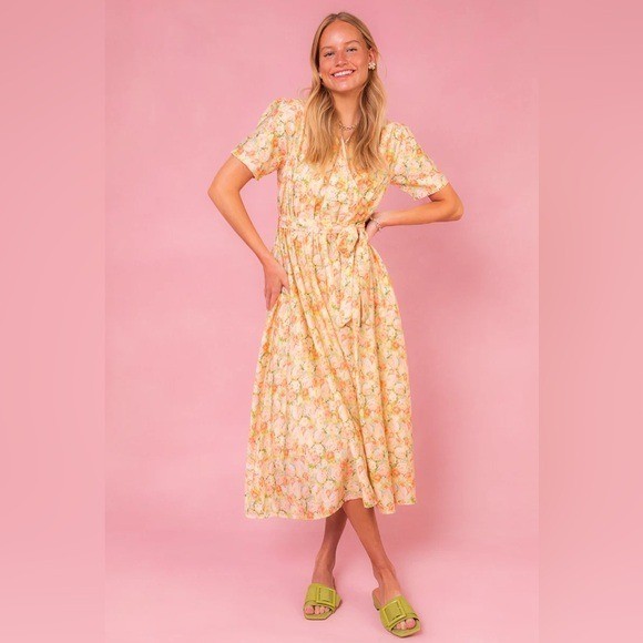 Ivy City Co faux wrap Lyra Midi Dress Yellow Floral Print Cottagecore size 4